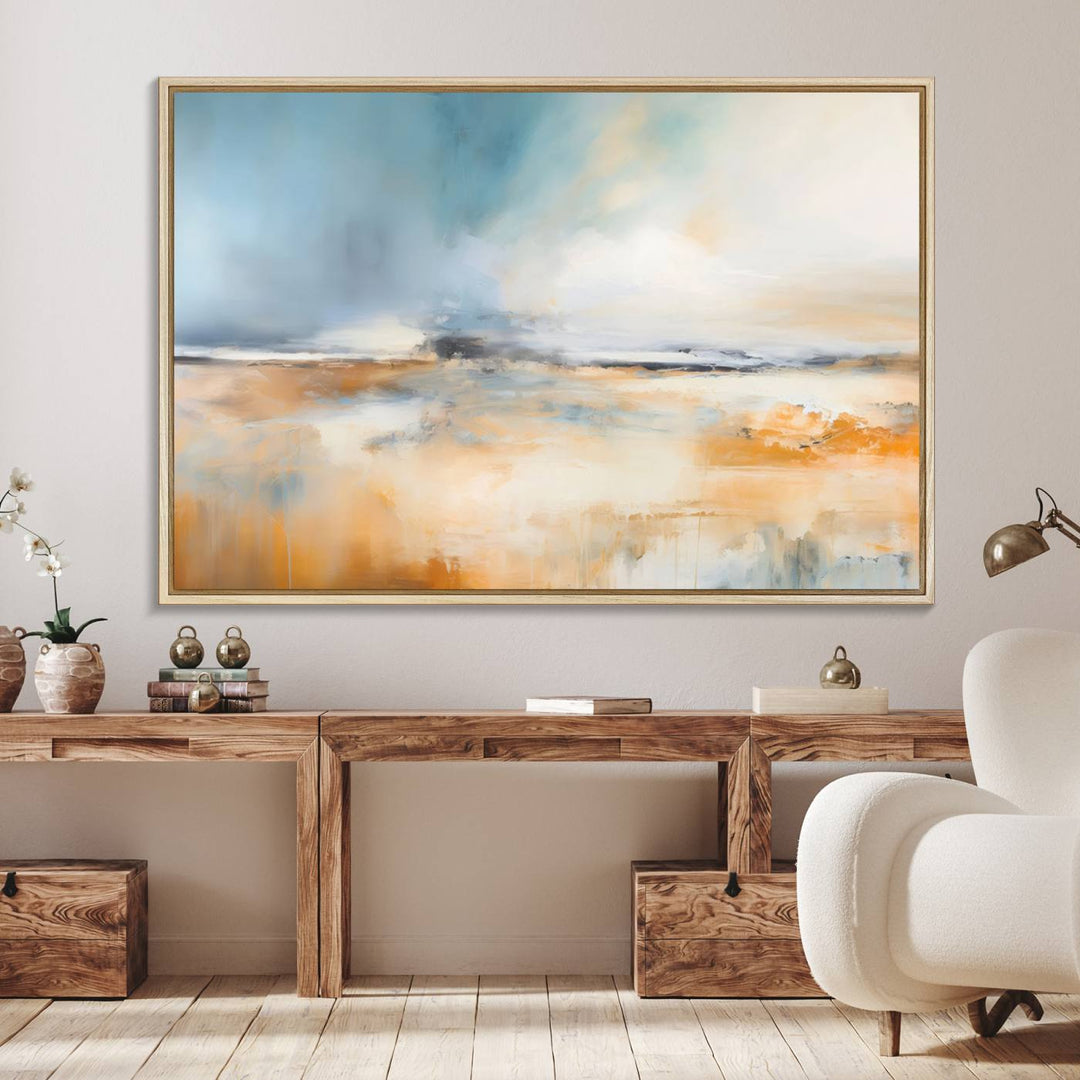 Abstract Landscape Wall Art in warm tones of orange and blue.