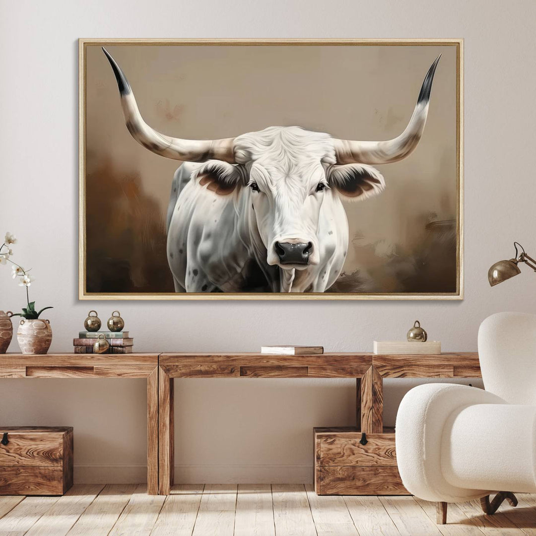 The kitchen features a striking canvas print of a Longhorn Bull.