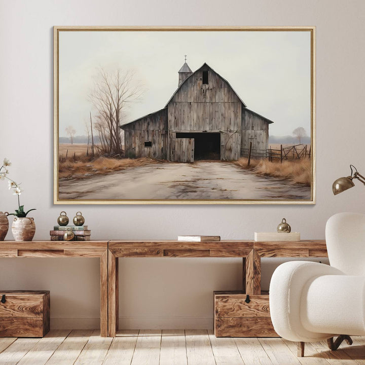 The Farmhouse Rustic Barn Wall Art Canvas Print, framed and ready to hang, enhances the farmhouse décor.