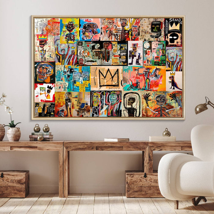 A Basquiat graffiti-style collage adorns the wall.