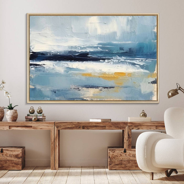 The Abstract Ocean Canvas Wall Art in coastal blue and gold enhances the modern kitchen.