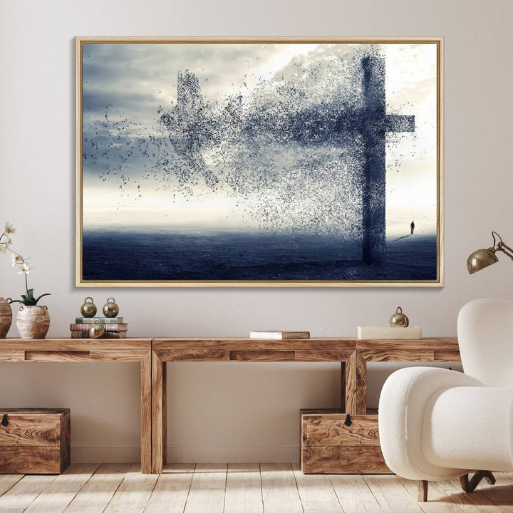 The Jesus and the Fading Cross wall art portrays a moody landscape.