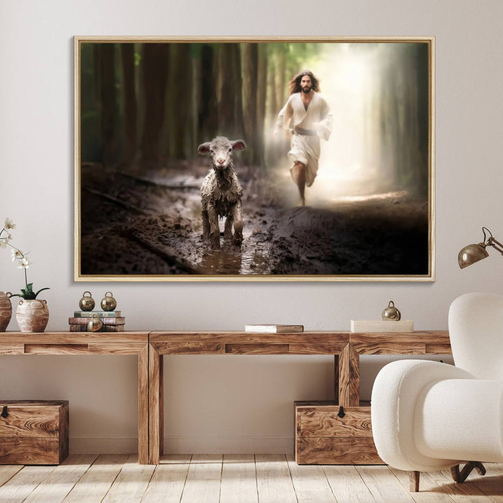 The Jesus Running After Lost Lamb canvas wall art adds a touch of spiritual significance.