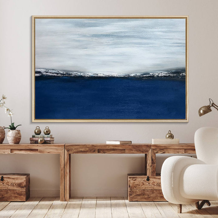 A Navy Blue Abstract Wall Art Canvas Print is displayed above the backsplash.