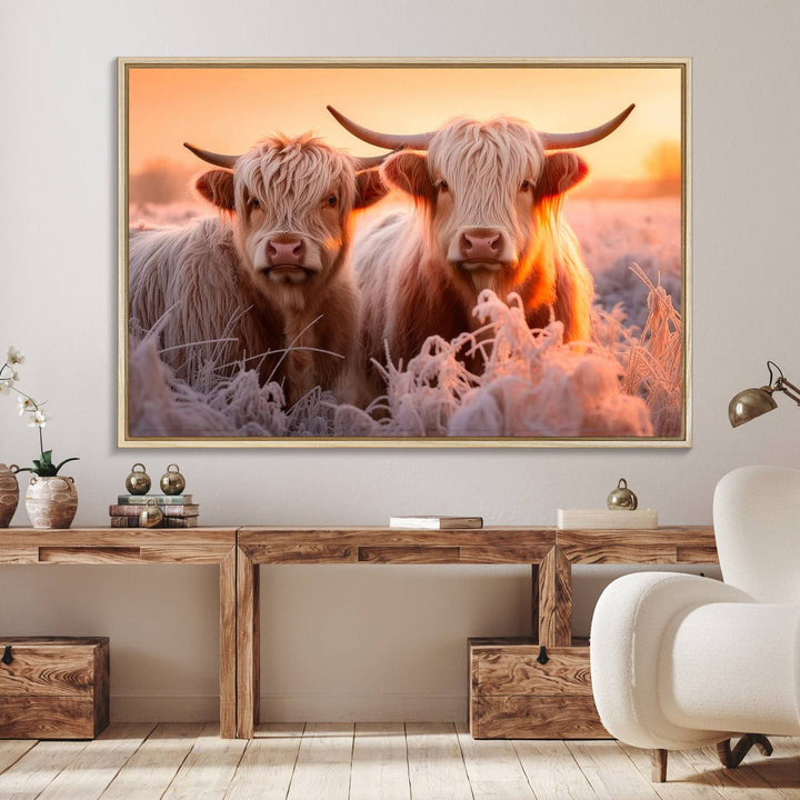 Highland Cows at Sunrise Wall Art adds serene rustic farmhouse charm.