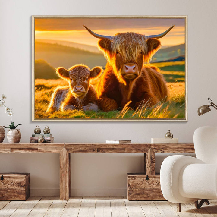 The Scottish Cow and Baby Cow Canvas Wall Art captures sunset fields.