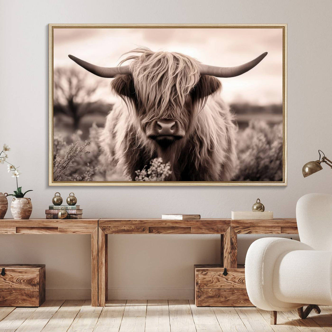 The Scottish Cow Longhorn Wall Art Canvas Print adds charm to the kitchen.