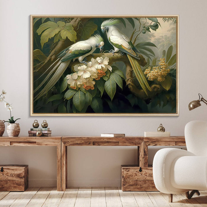 The Tropical Paradise Wall Art features a parrot in a lush forest.