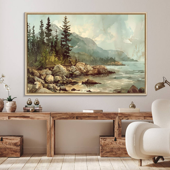 Framed Abstract Acadia National Park wall art, depicting a rocky coastline with trees and mountains, ready to hang.