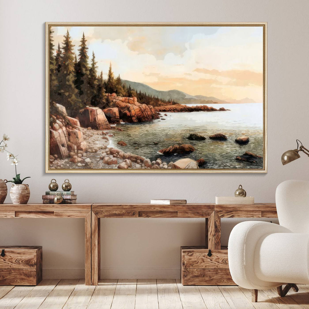 The Serene Coastal View of Acadia National Park 3-panel canvas, framed and ready to hang, adorns the wall.