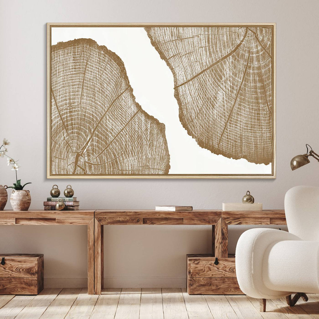 The rustic wall art features two large tree rings, beautifully framed and displayed to create a nature-inspired décor.