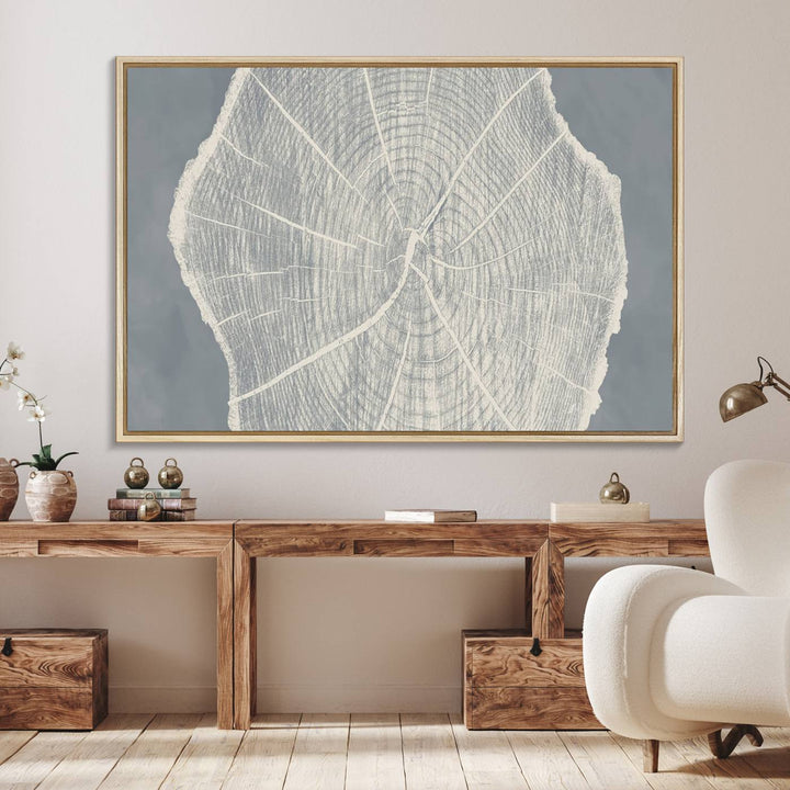 A gray wall displays the Abstract Tree Ring Wall Art print.