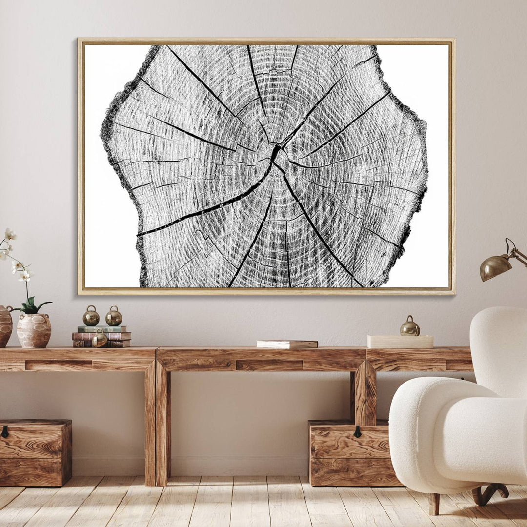 Black and white tree ring art print.