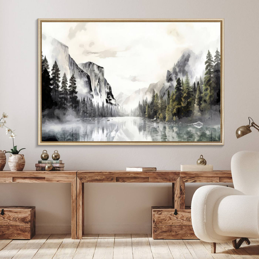 The Yosemite Valley Wall Art Canvas Print, a framed nature décor, is beautifully displayed.