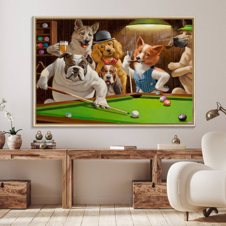 Dogs Playing Pool Canvas Wall Art: This artwork depicts a room where dogs are engaged in a game of pool. One dog is poised to cue while others observe the scene.