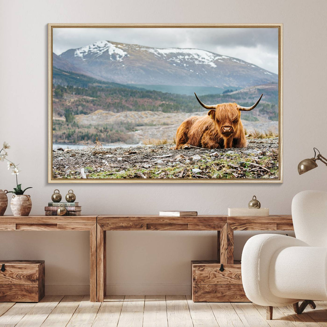 Highland Cow Horn Farm Wall Art Canvas Print is displayed against a wooden wall featuring a mountainous backdrop.