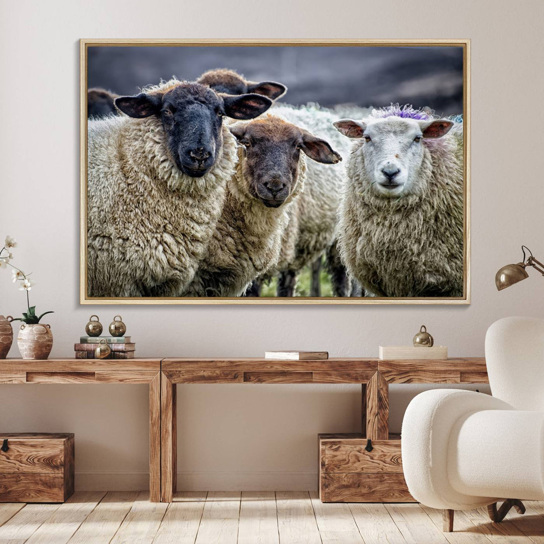 The Charming Sheep Portrait Wall Art hangs on a wooden wall.