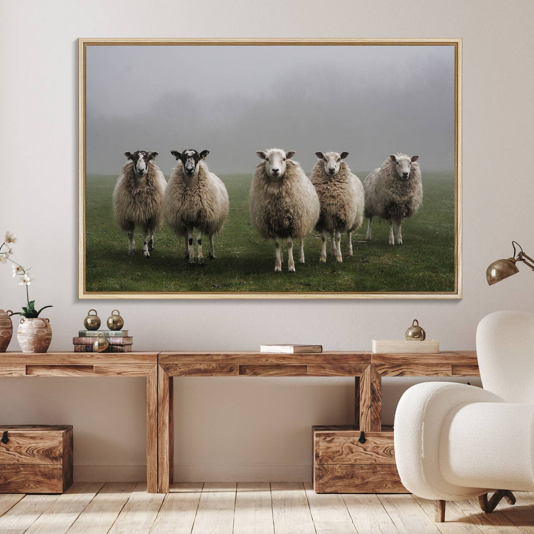 The Flock of Sheep in a Mystical Fog canvas print is framed and ready to hang.