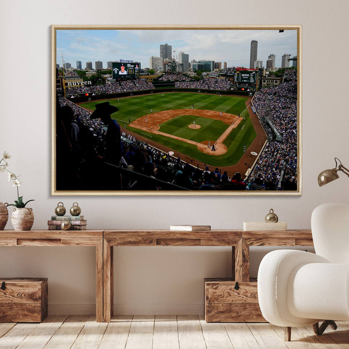 Admire this museum-quality canvas print of a Chicago Cubs game with a cityscape view from the stands at Wrigley Field.