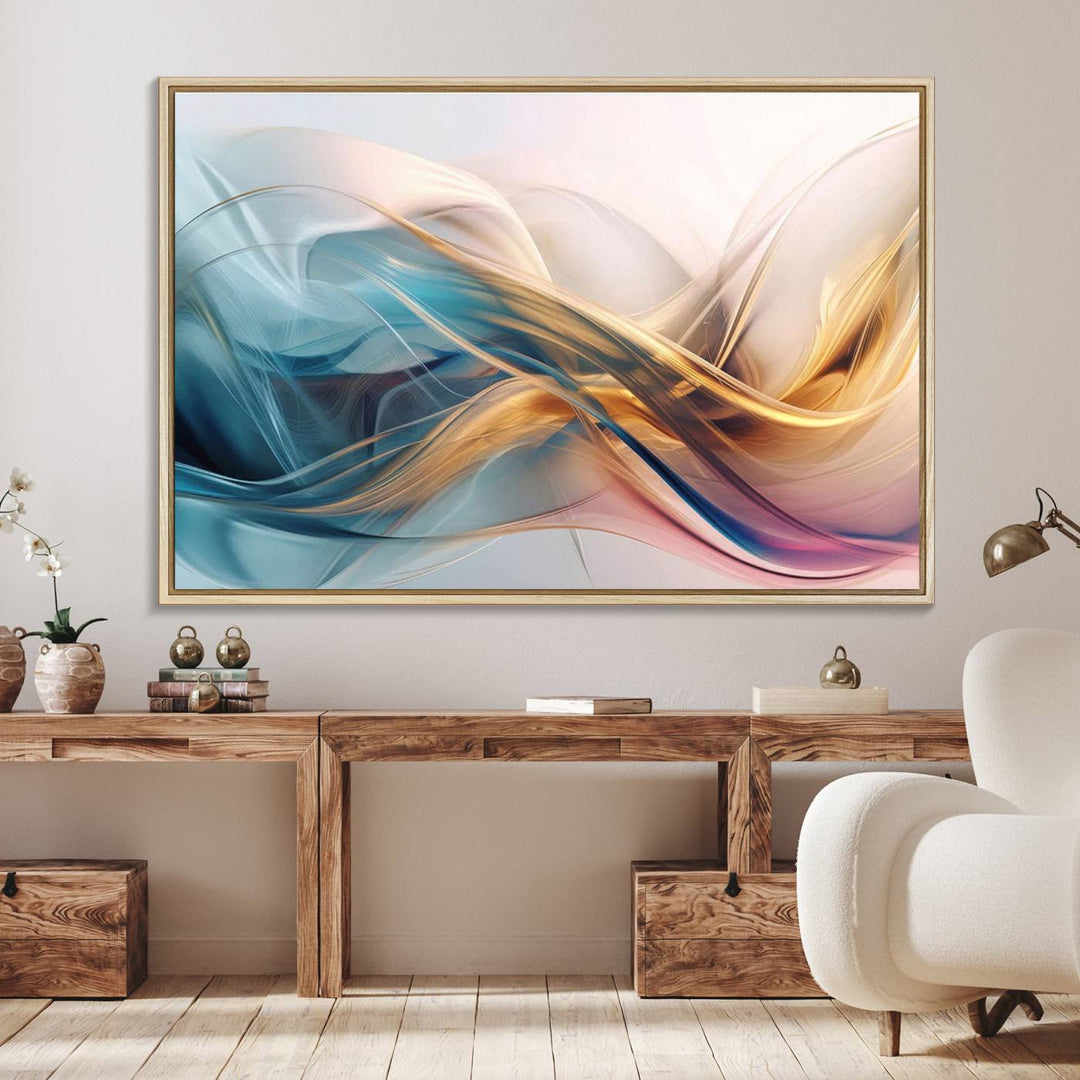 Abstract Flowing Colors Wall Art featuring blue, gold, and pink adds modern elegance to the space.