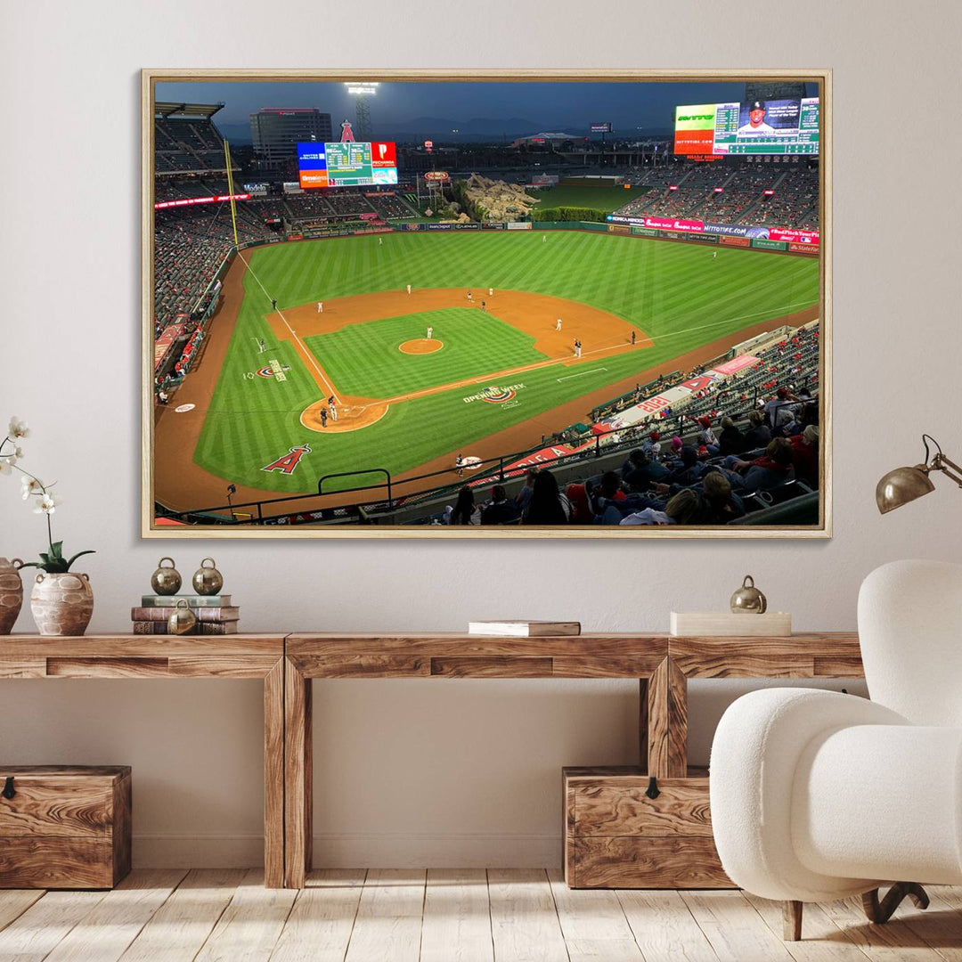 The Angel Stadium Aerial View canvas print of an Angels baseball game is showcased.