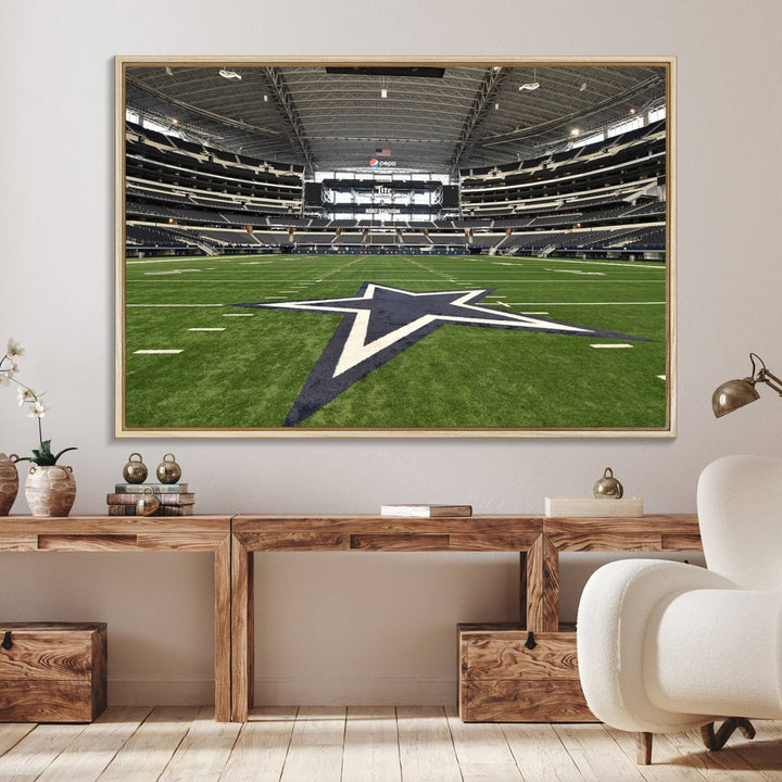 AT&T Stadium Dallas Cowboys Canvas Print displayed above a dining table.