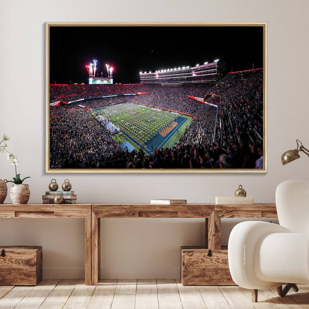 The Gators Night Game Canvas Art captures a lively night at Ben Hill Griffin Stadium with vibrant fireworks and the energy of a live band.