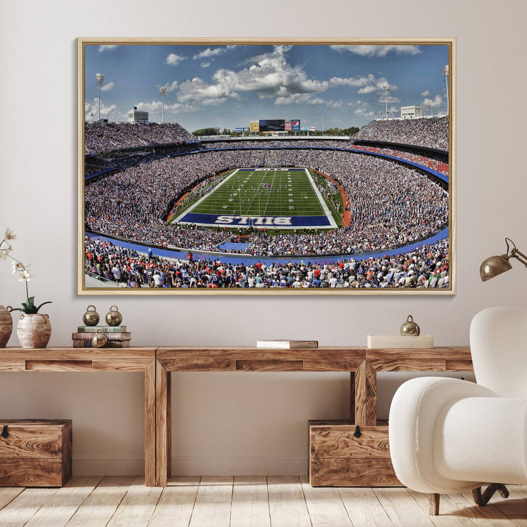 Our Buffalo Bills Game Day Canvas captures a vibrant scene at Highmark Stadium, with a lively crowd under a partly cloudy sky.