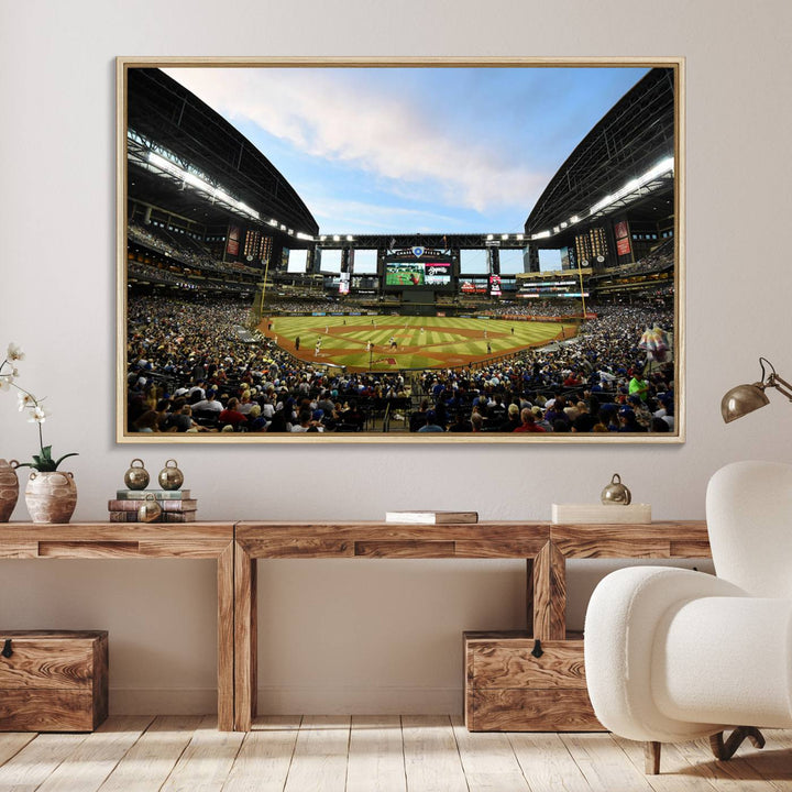 The wall art is an Arizona Diamondbacks Baseball Print depicting a packed Chase Field Stadium under a clear blue sky.