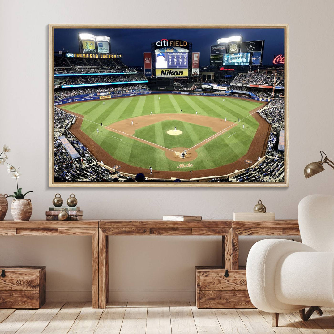 The wall is adorned with a 3-panel Citi Field Wall Art Print, framed for sports-themed decor.