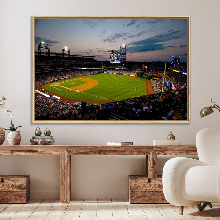 A wall art piece depicting the Philadelphia Phillies Citizens Bank Park Stadium at dusk.