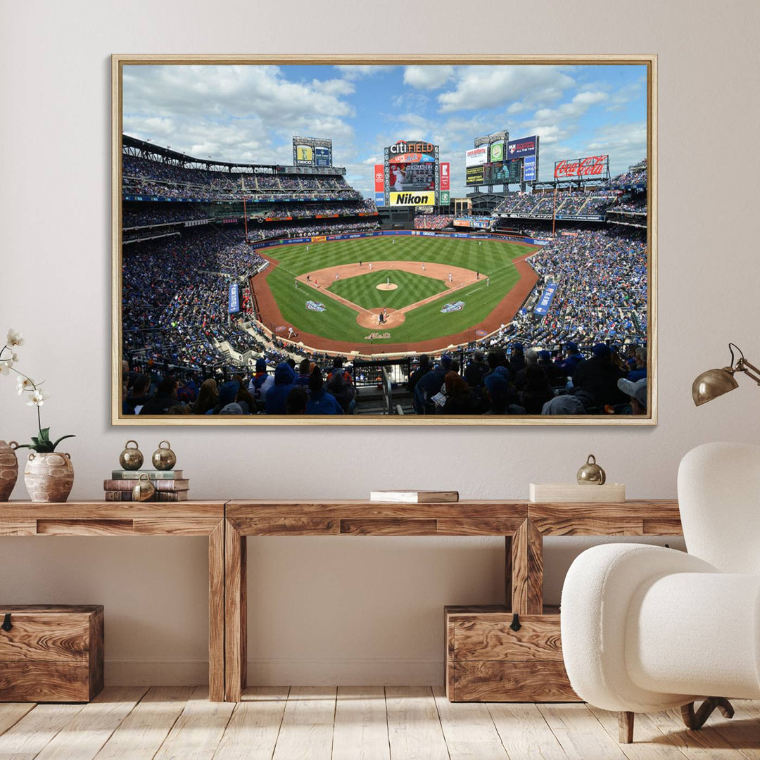 A wall art piece featuring a New York Mets Baseball Team print of Citi Field during a thrilling game under a blue sky.