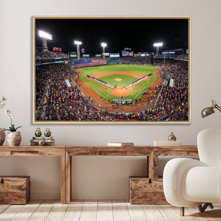 The Fenway Park Wall Art Canvas Print showcases a stunning aerial view of Bostons iconic ballpark at night, making it an ideal piece for any Red Sox enthusiast.