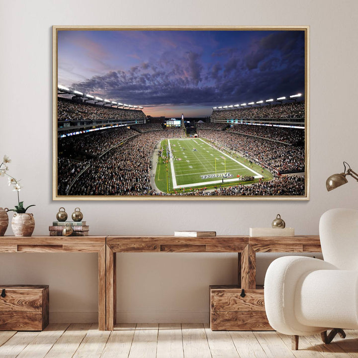 A large New England Patriots Foxborough Gillette Stadium wall art canvas print at sunset.