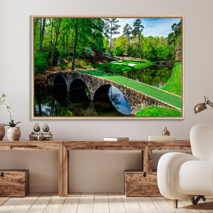 The wall art from Augusta National Golf Club showcases a panoramic bridge set against rich, lush greenery on a framed triptych canvas.