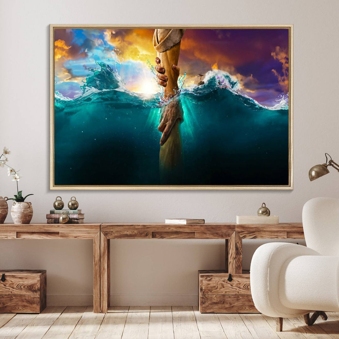 The God Hand Wall Art Canvas Print depicts hands reaching through water against a vibrant sky.