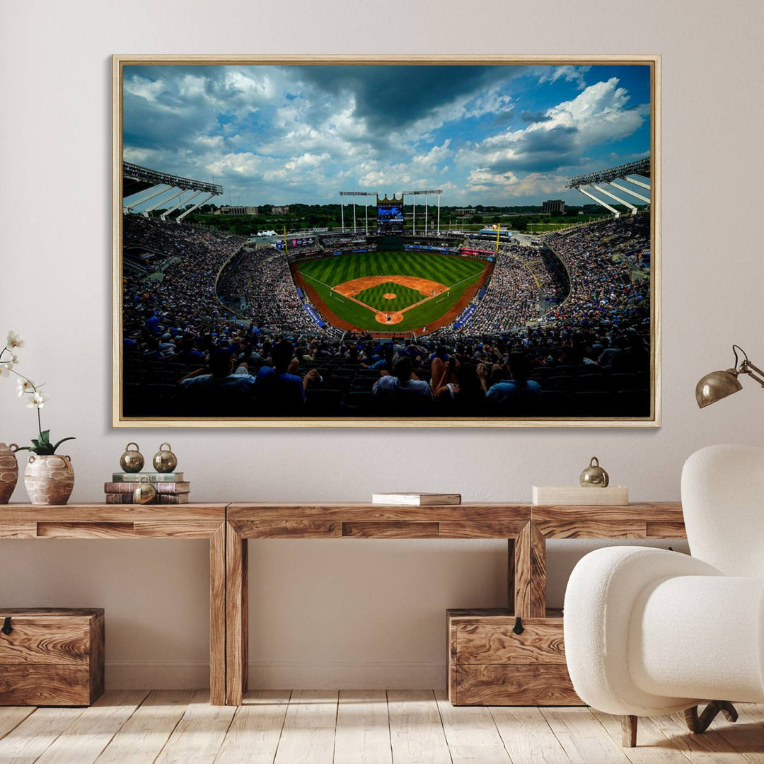 A 3-panel print of Kauffman Stadium, showcasing a crowded baseball field under cloudy skies.