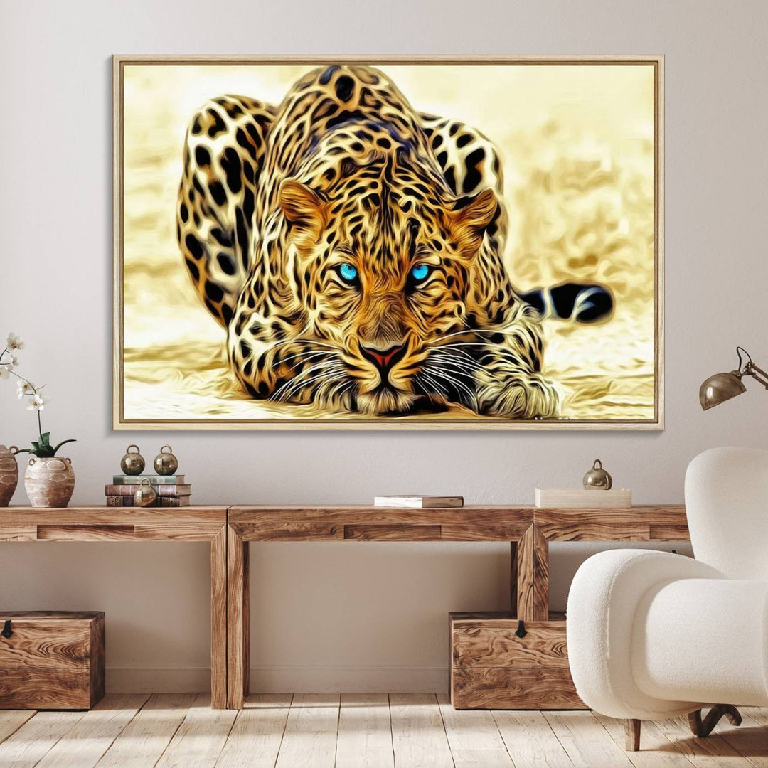 The Blue-Eyed Leopard Canvas Wall Art features a fierce and captivating design, perfect for wildlife enthusiasts. Its bold imagery makes it a striking decor piece, ready to hang.