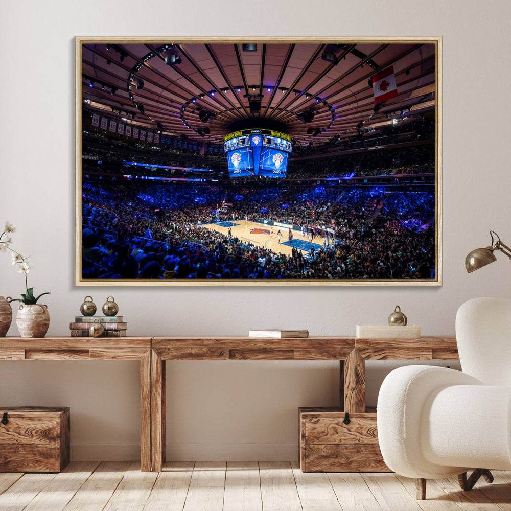 A print depicting an NBA game at Madison Square Garden, highlighting the scoreboard.