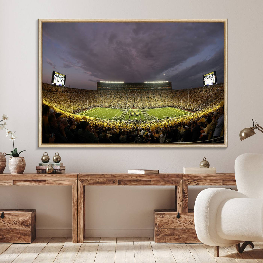 Michigan Stadium Wall Art Canvas Print of a night game by the Wolverines.