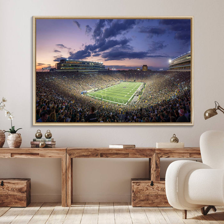 As the sun sets, a stunning backdrop highlights the Notre Dame Fighting Irish Football Team Print.