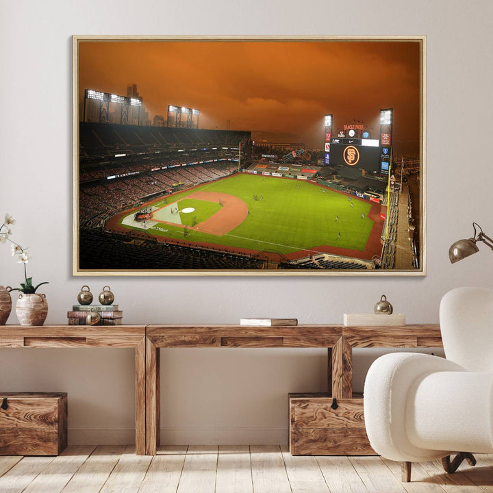 A canvas depicting an Oracle Park game with an orange sky, from SF Giants Stadium Wall Art.