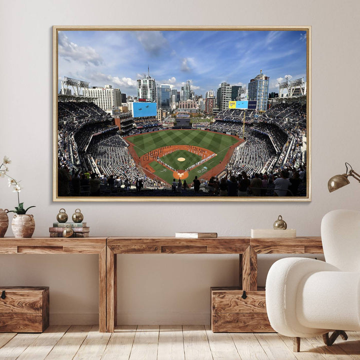 The San Diego Padres Baseball Canvas Print of Petco Park enhances the modern kitchen-dining area.