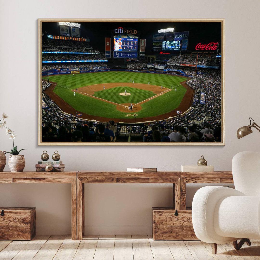 A print of the Oakland Athletics game at RingCentral Coliseum hangs on the wall.