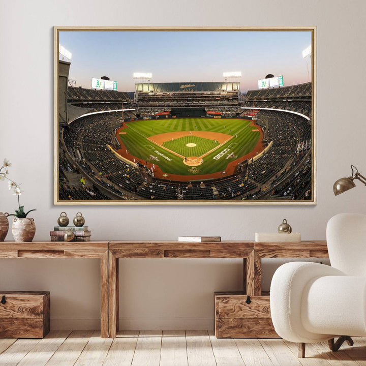 Oakland Athletics wall art canvas featuring the interior of RingCentral Coliseum Stadium.