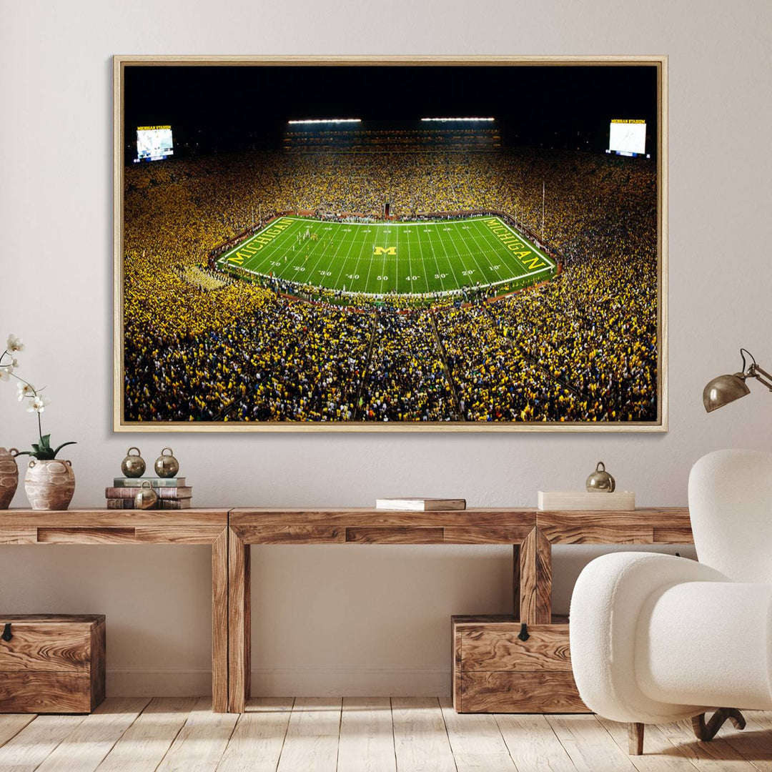 Aerial view of Michigan Stadium night game, ideal for Michigan Wolverines Football Team displayed on a triple canvas wall art.