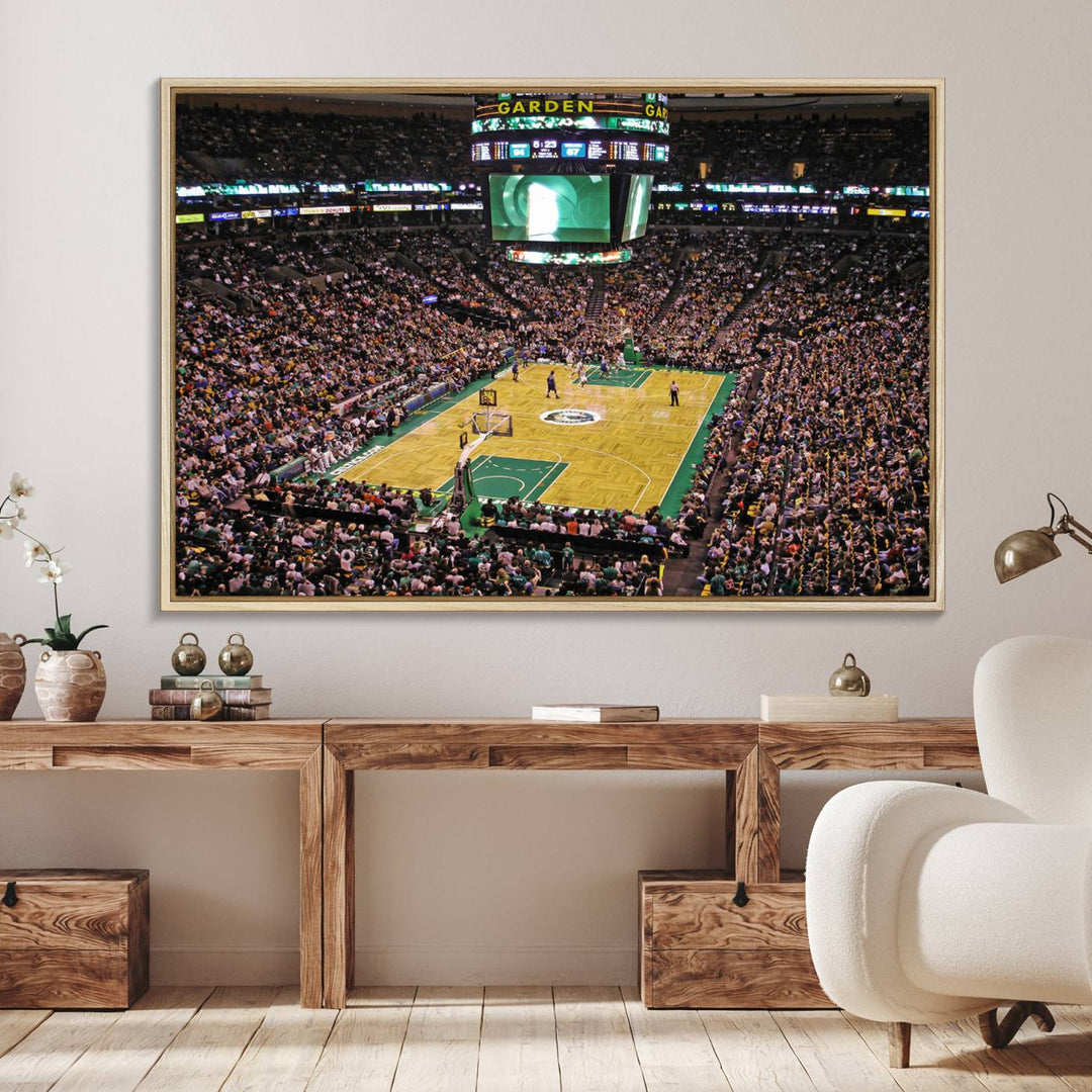 A vibrant depiction of a TD Garden basketball game is beautifully captured in the Boston Celtics Triple Canvas Wall Art, which comes framed and ready to hang.