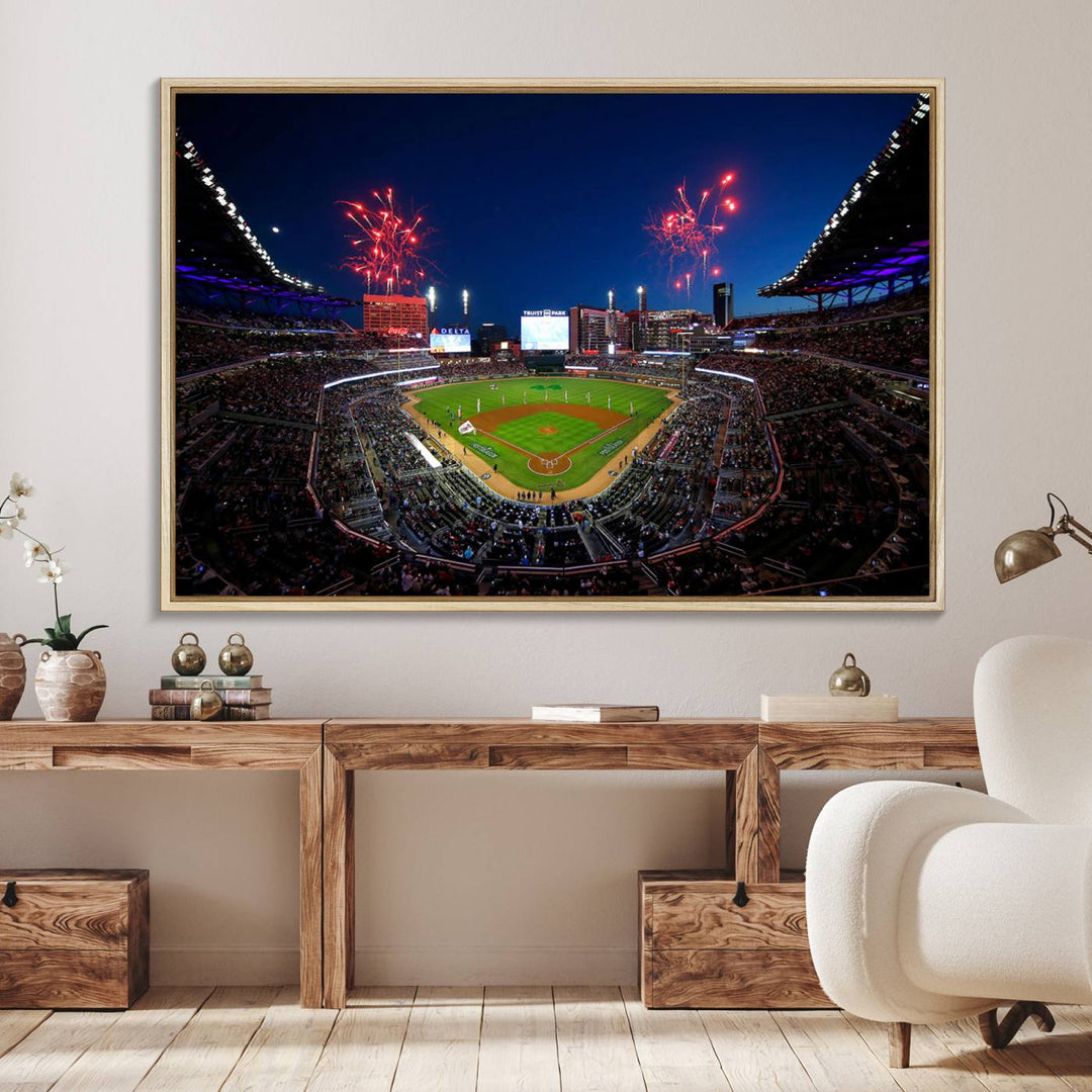 Truist Park wall art: fireworks over a Braves crowd, a large 3-panel canvas, framed and ready-to-hang.