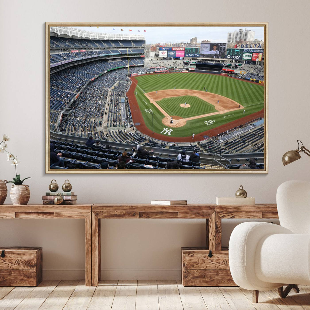 Aerial view of Yankee Stadium filled with fans, showcased on a New York Yankees Stadium Wall Art Canvas Print.