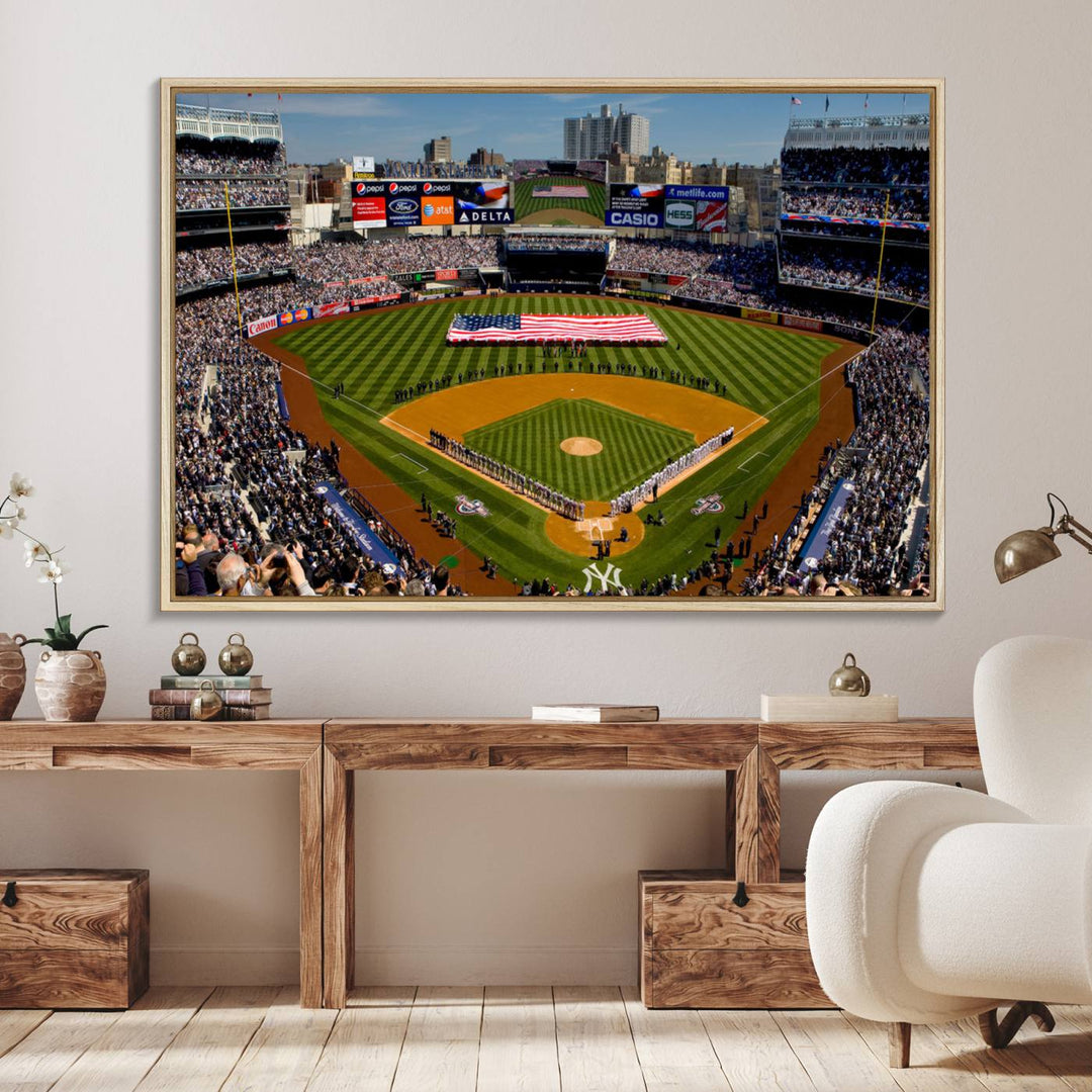 The Yankee Stadium New York wall art print features a vibrant scene of baseball fans with a large flag and players, expertly capturing the spirit of the game. This ready-to-hang décor is perfect for adding a dynamic touch to any space.